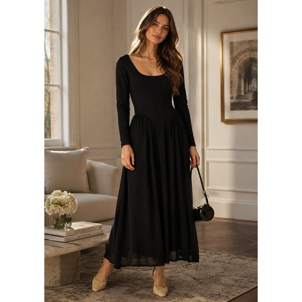 J Crew Dress Womens Medium Black Ballet Chiffon Maxi Gothic Romantic Whimsigoth